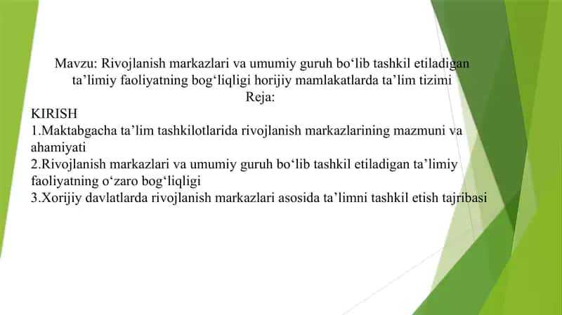 Rivojlanish markazlari va umumiy guruh boʻlib tashkil etiladigan taʼlimiy faoliyatning bogʻliqligi horijiy mamlakatlarda taʼlim tizimi 1