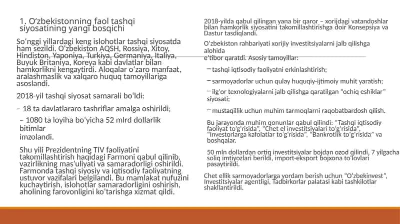 O‘zbekistonning faol tashqi siyosatining yangi bosqichi 1