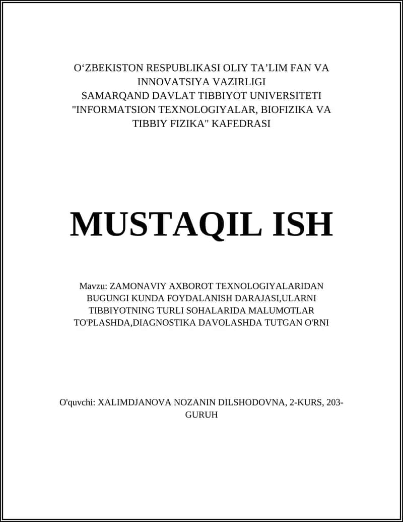 Zamonaviy axborot texnologiyalari tibbiyotda umumiy rivojlanish darajasi va mamlakatimizda qo'llanilishi 1