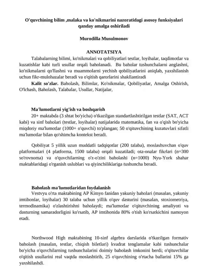 O'quvchining bilim, malaka va ko'nikmarini nazoratidagi asosoy funksiyalari qanday amalga oshiriladi