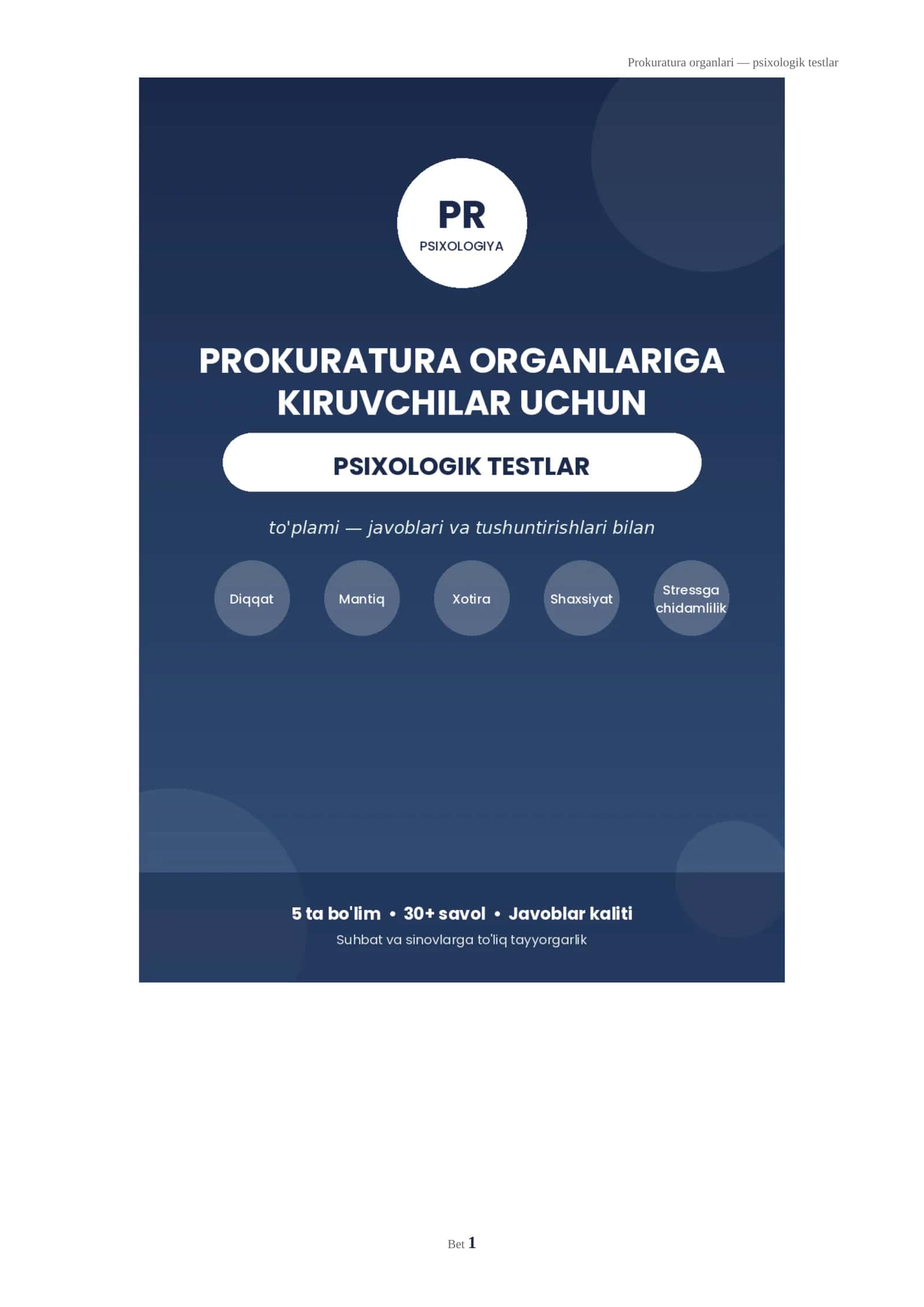 Prokuratura organlariga kiruvchilar uchun psixologik testlar to'plami (javoblari bilan) 1