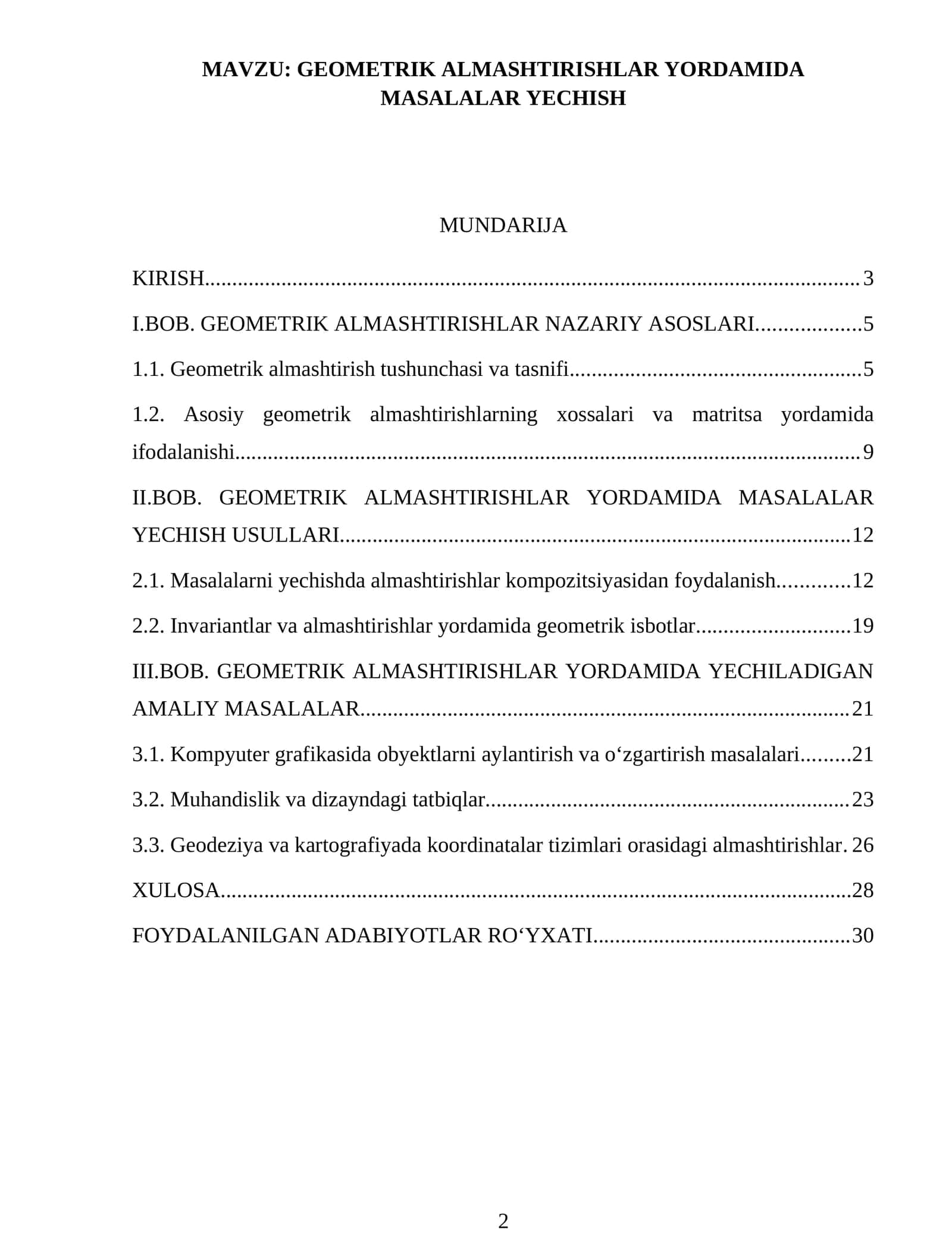 GEOMETRIK ALMASHTIRISHLAR YORDAMIDA MASALALAR YECHISH 1