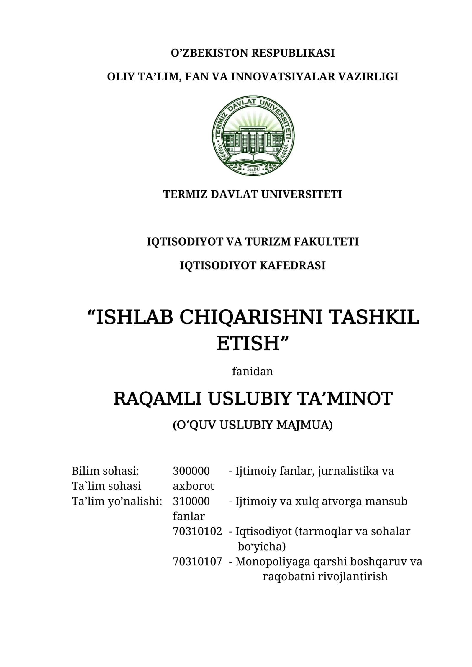 Ishlab chiqarishni tashkil etish 1