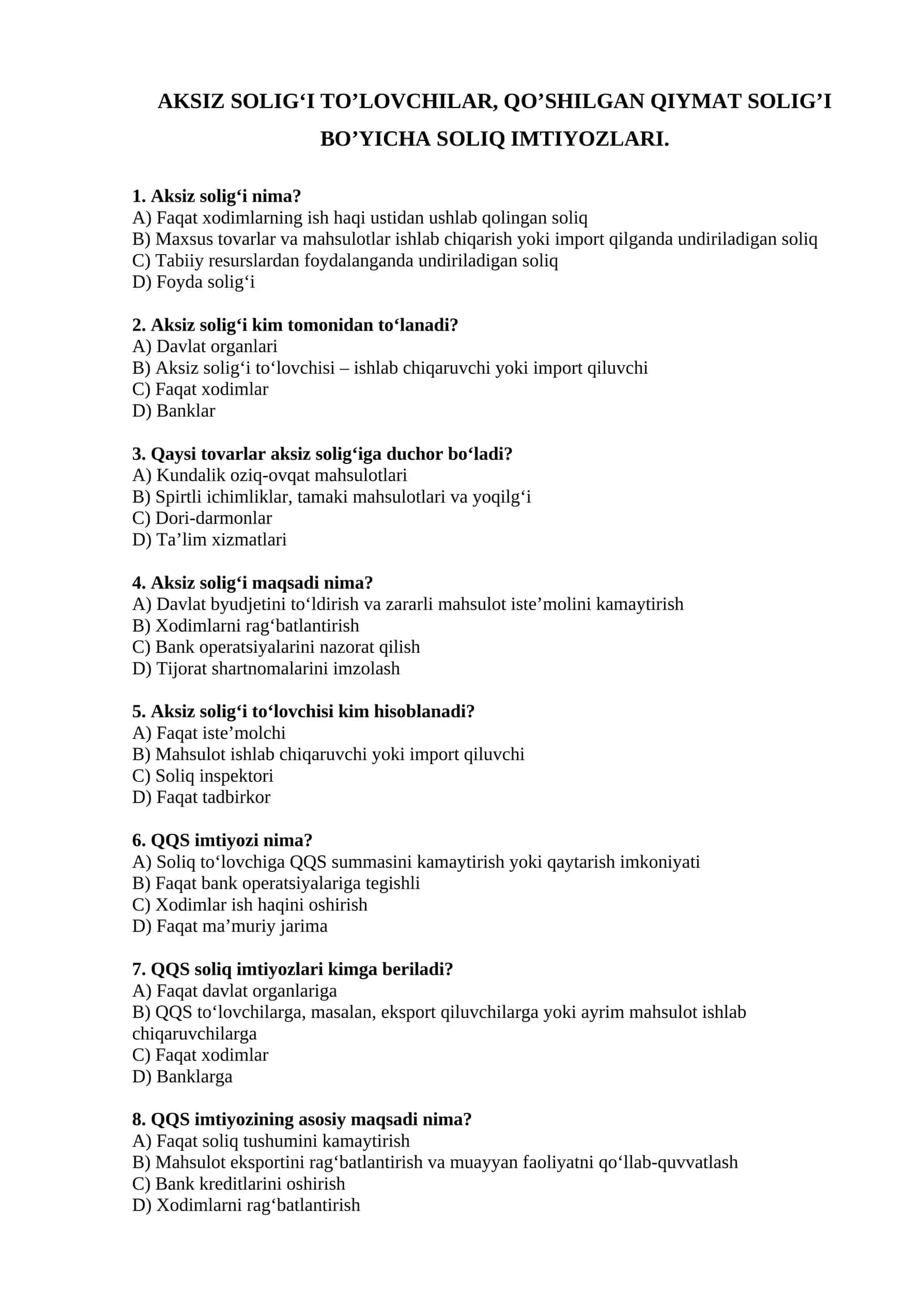 AKSIZ SOLIG‘I TO’LOVCHILAR, QO’SHILGAN QIYMAT SOLIG’I BO’YICHA SOLIQ IMTIYOZLARI 1