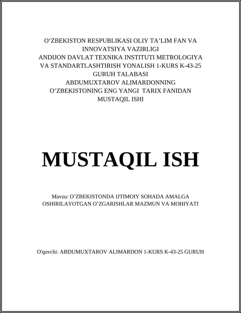 O‘ZBEKISTONDA IJTIMOIY SOHADA AMALGA OSHIRILAYOTGAN O’ZGARISHLAR MAZMUN VA MOHIYATI 1