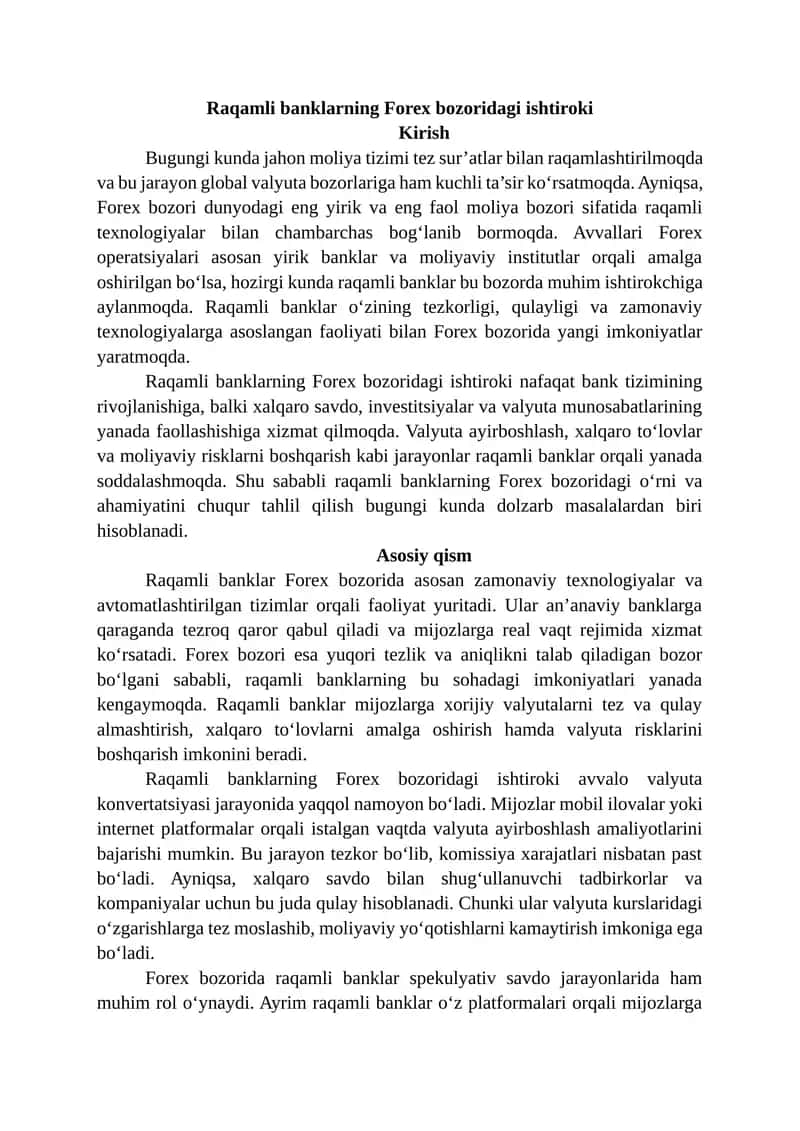 Raqamli banklarning Forex bozoridagi ishtiroki 1
