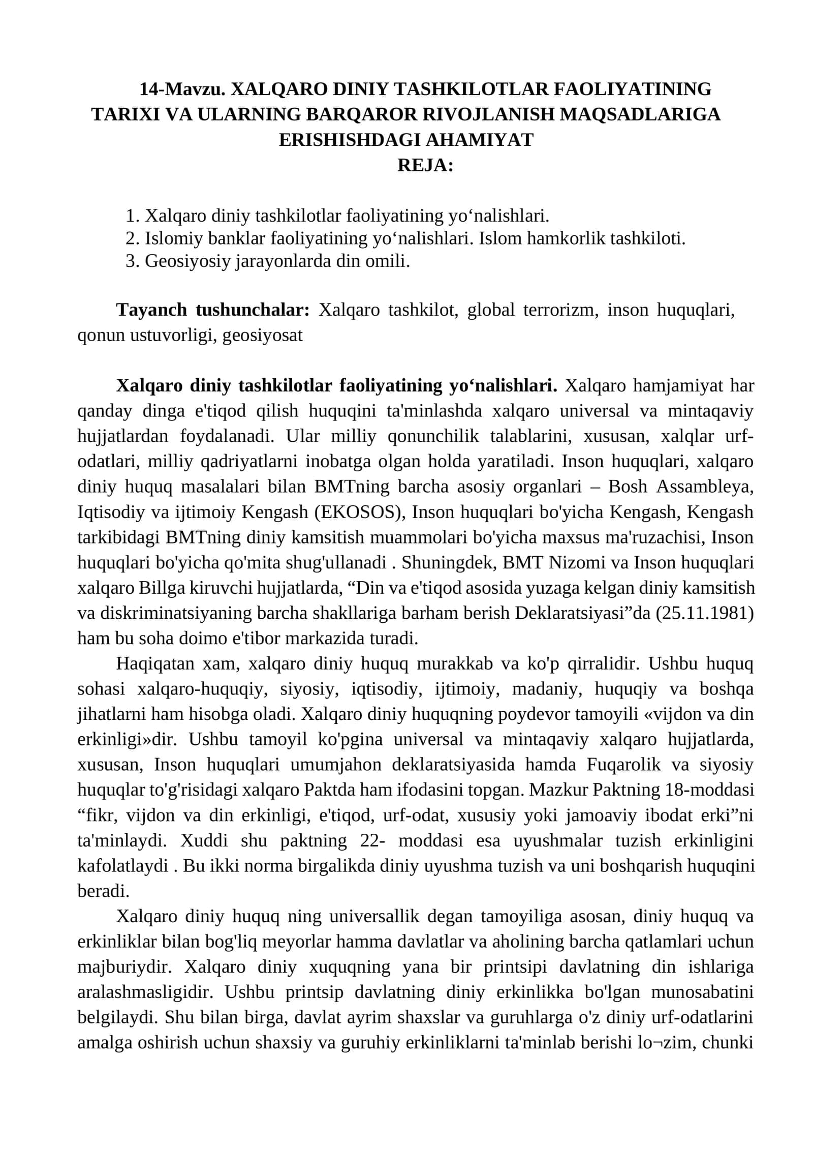 XALQARO DINIY TASHKILOTLAR FAOLIYATINING TARIXI VA ULARNING BARQAROR RIVOJLANISH MAQSADLARIGA ERISHISHDAGI AHAMIYAT 1
