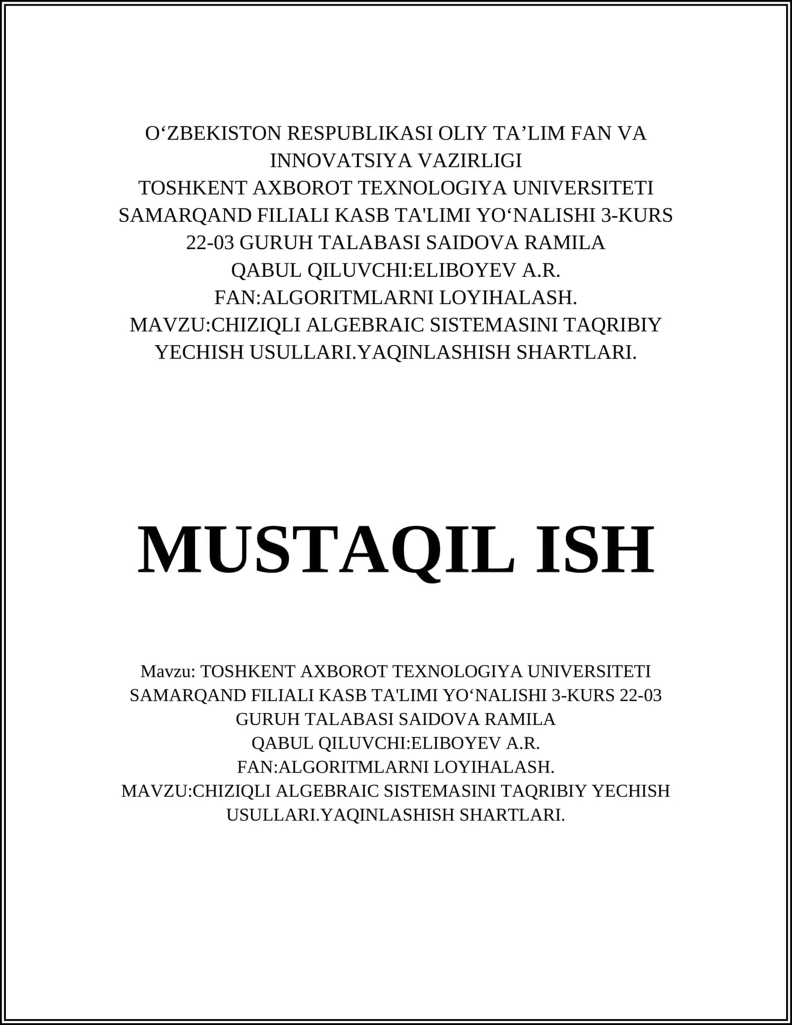 Chiziqli Algebraik Sistemalarini Taqribiy Yechish 1