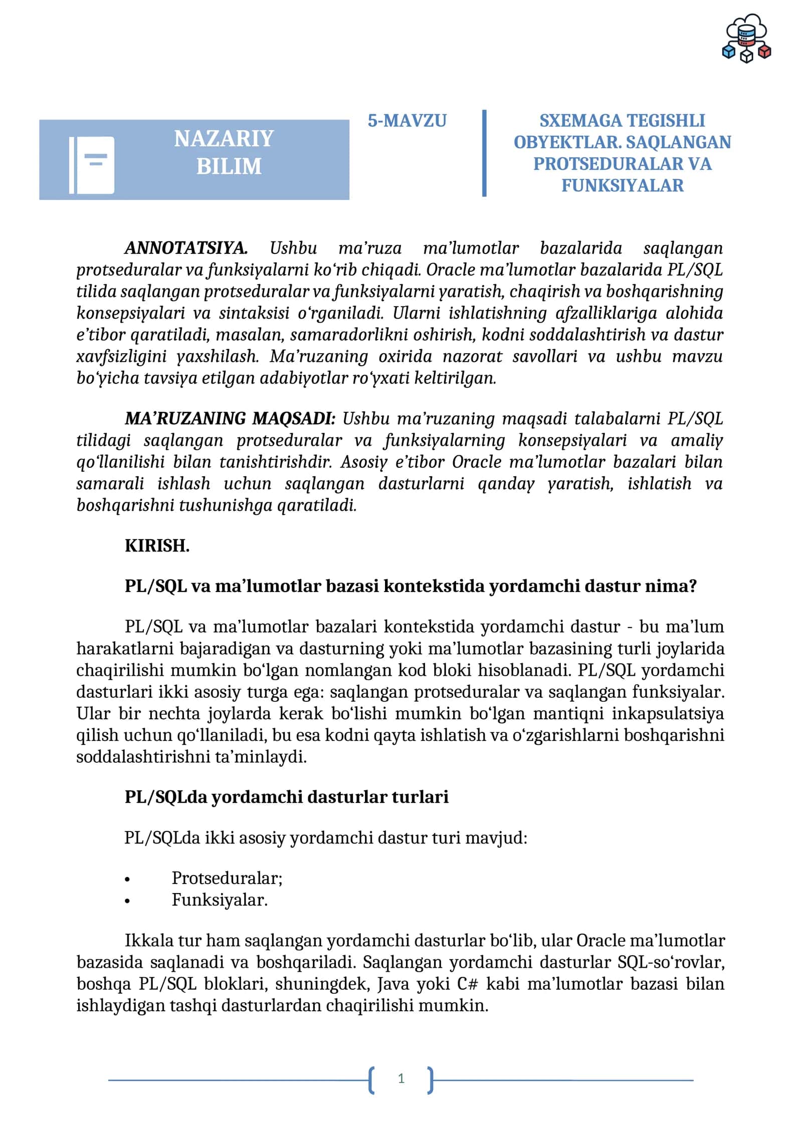 SXEMAGA TEGISHLI OBYEKTLAR. SAQLANGAN PROTSEDURALAR VA FUNKSIYALAR 1