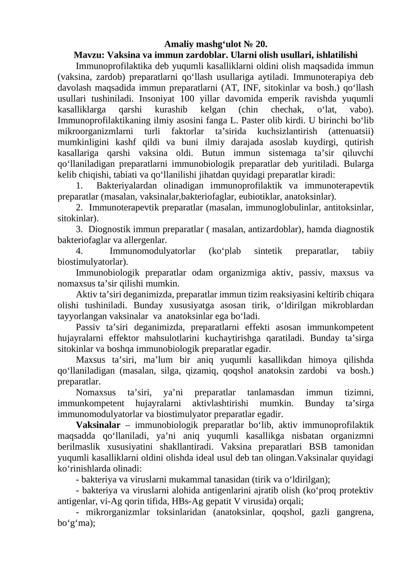 Vaksina va immun zardoblar. Ularni olish usullari, ishlatilishi 1