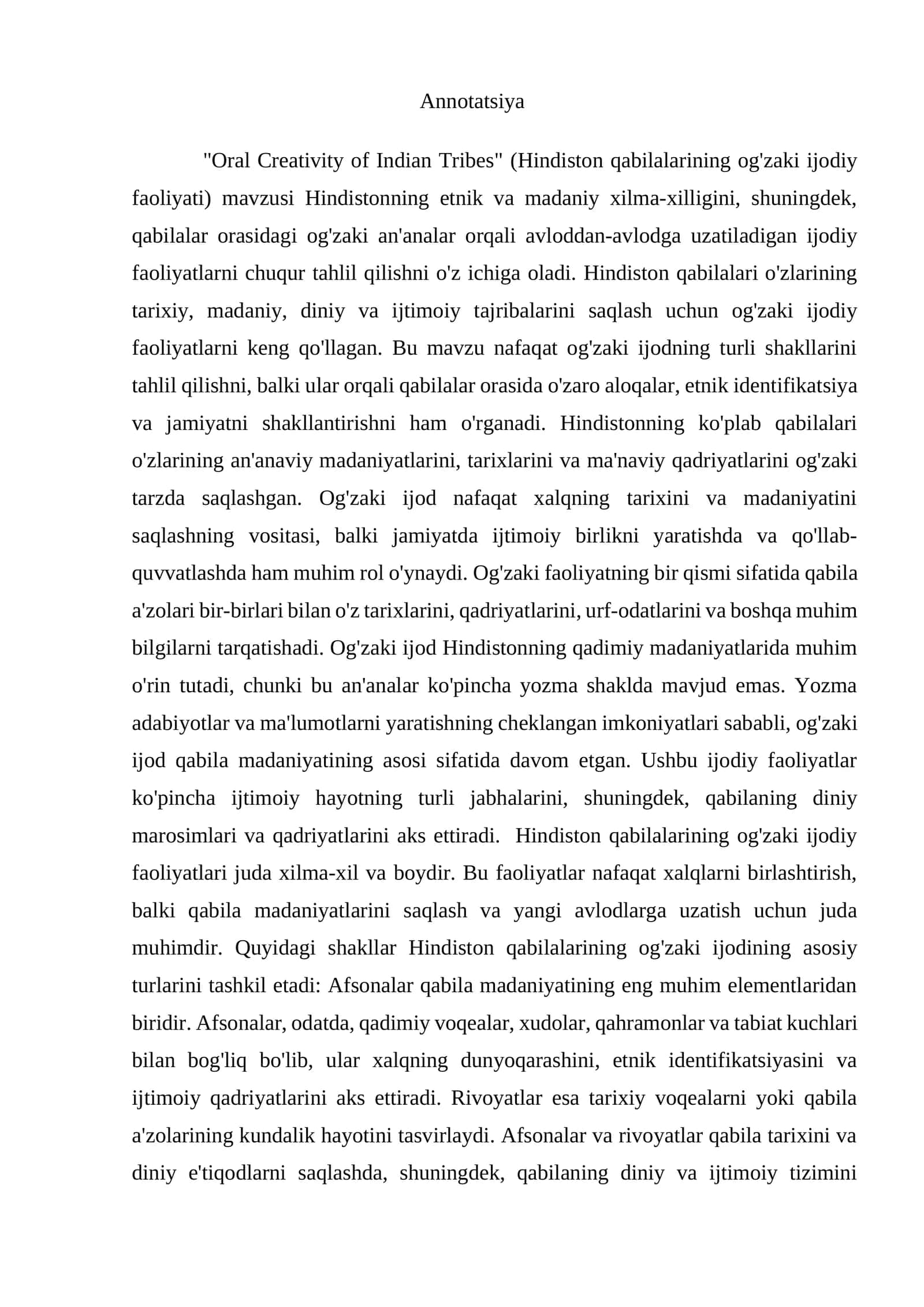 Oral Creativity of Indian Tribes (Hindiston qabilalarining og'zaki ijodiy faoliyati) 1