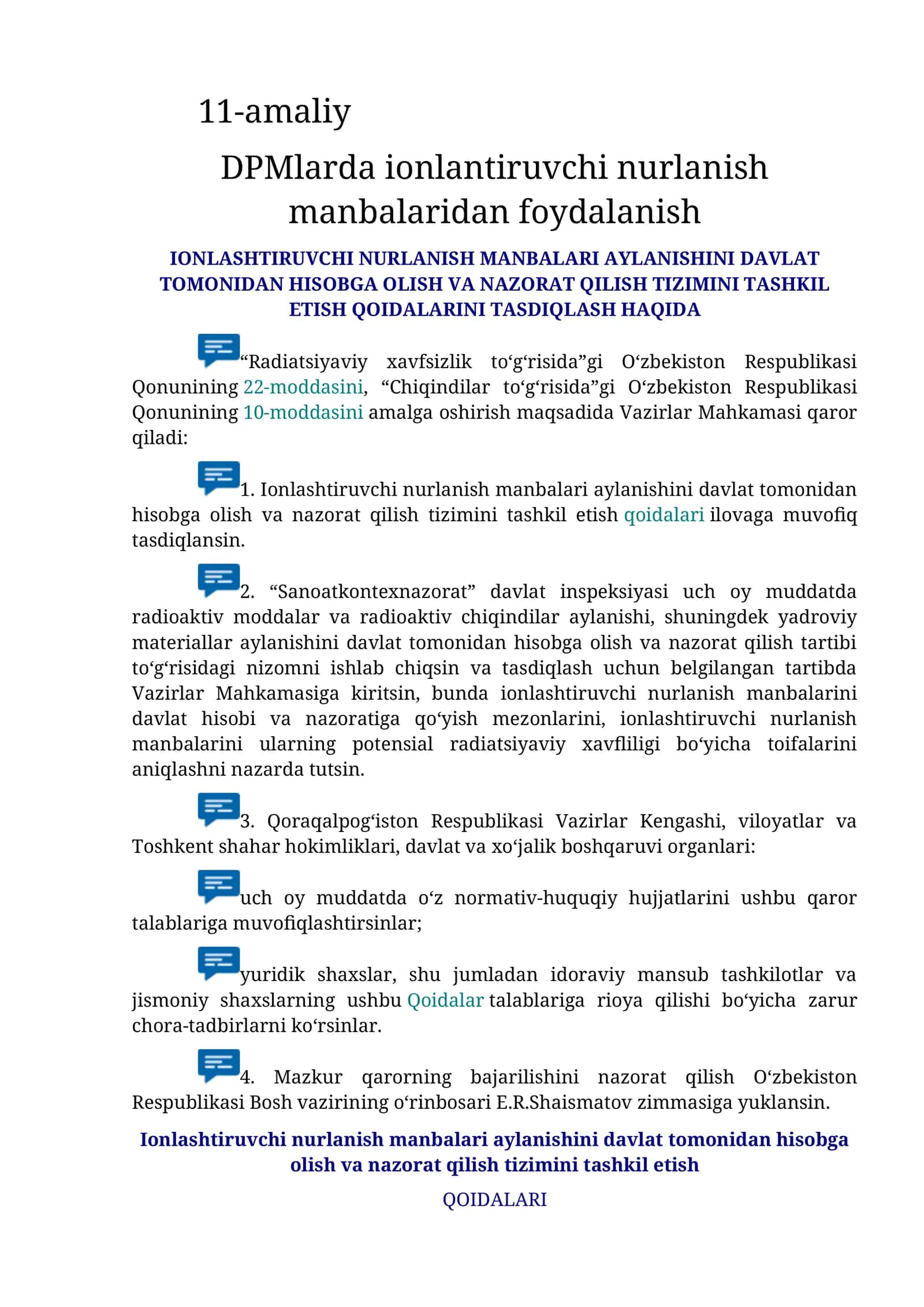 Ionlashtiruvchi nurlanish manbalari aylanishini davlat tomonidan hisobga olish va nazorat qilish tizimini tashkil etish 1
