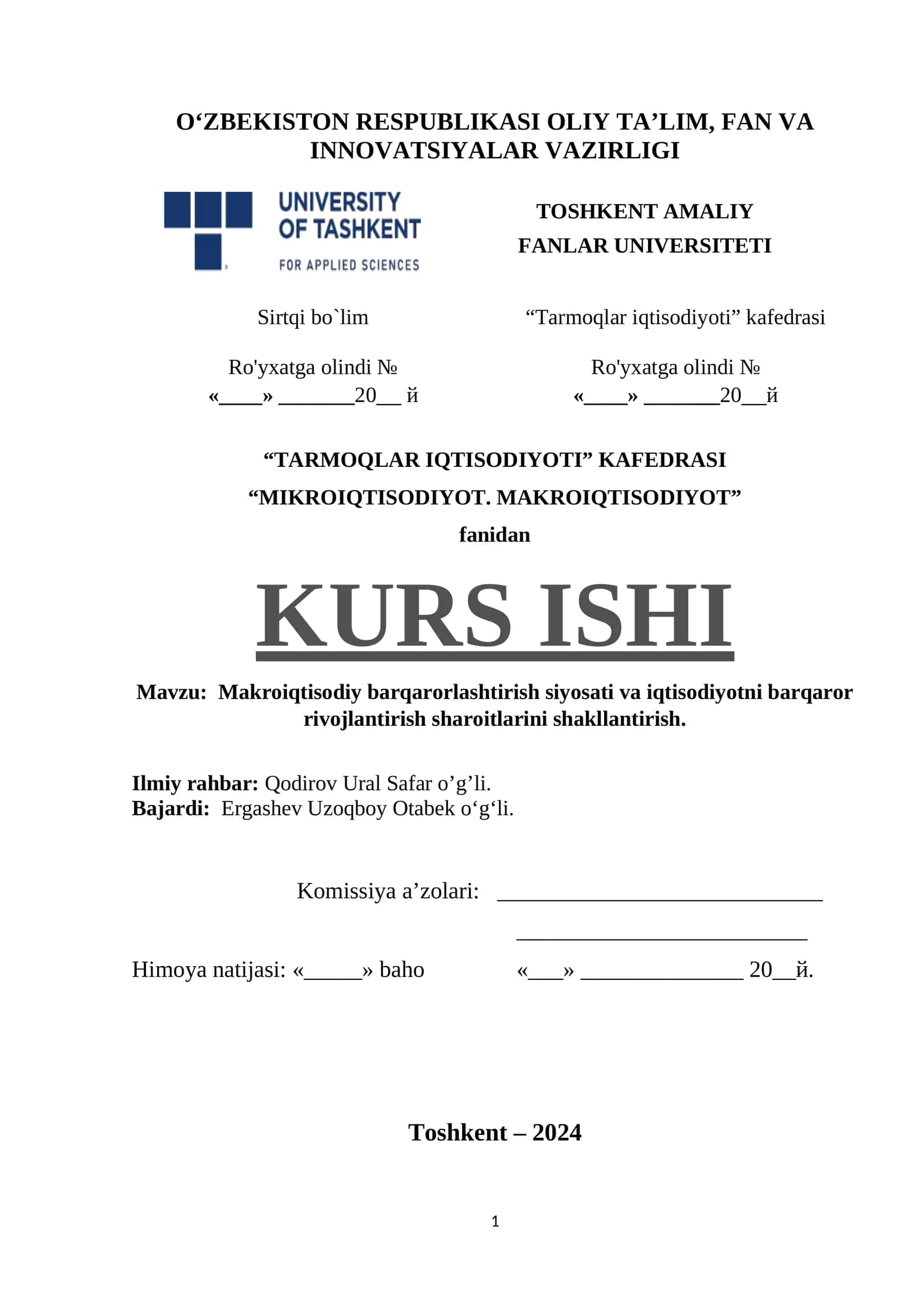 “MIKROIQTISODIYOT. MAKROIQTISODIYOT” fanidan KURS ISHI 1