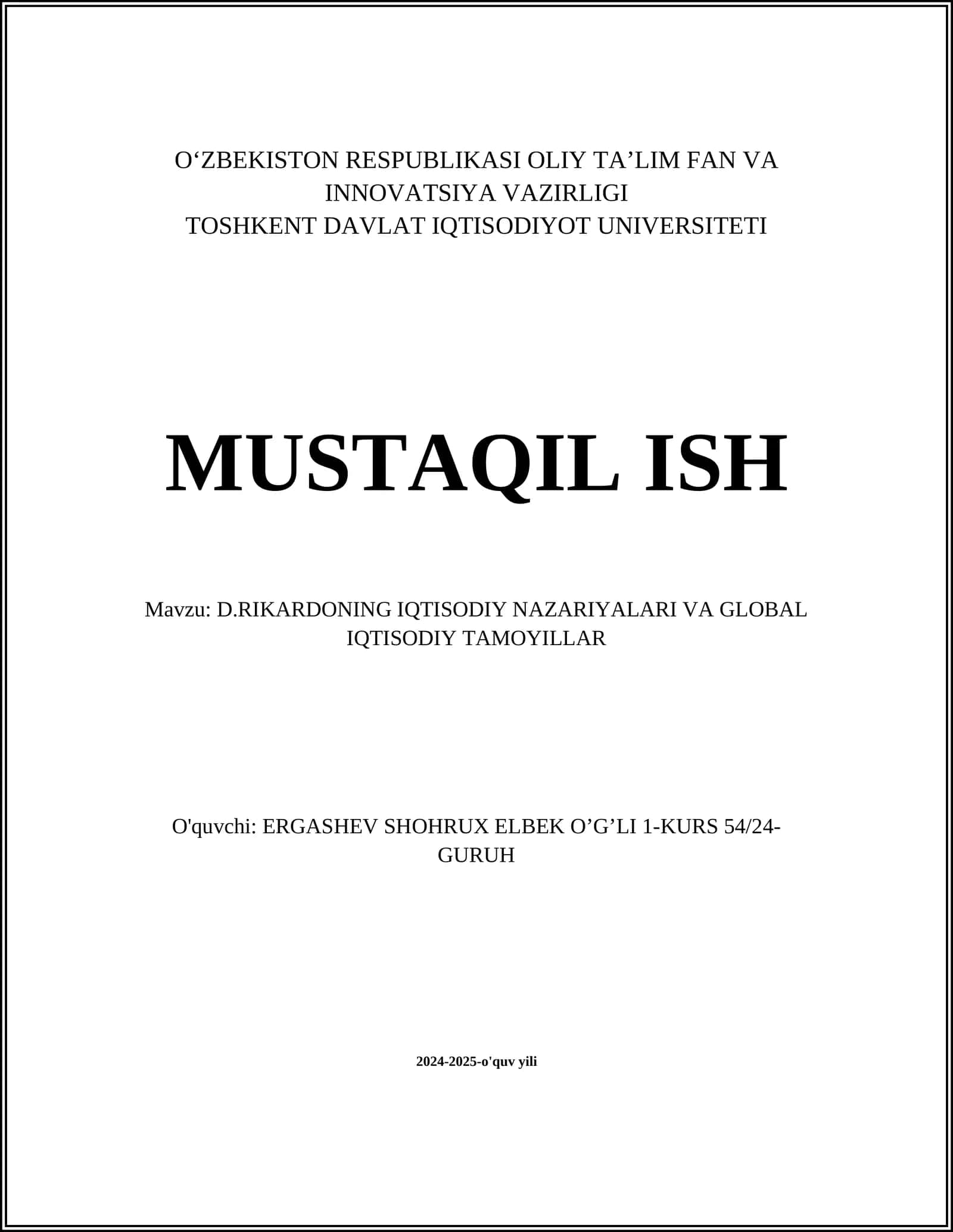 D.RIKARDONING IQTISODIY NAZARIYALARI VA GLOBAL IQTISODIY TAMOYILLAR 1