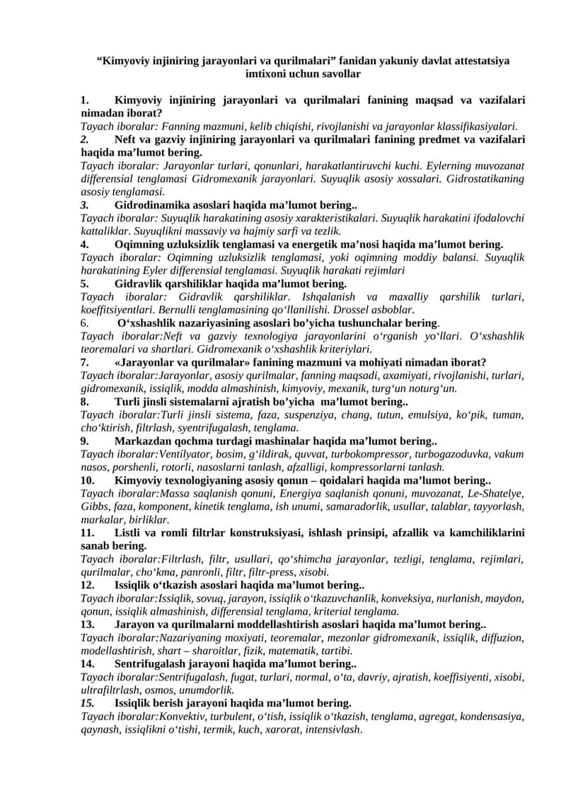 "Kimyoviy injiniring jarayonlari va qurilmalari" fanidan yakuniy davlat attestatsiya imtixoni uchun savollar 1