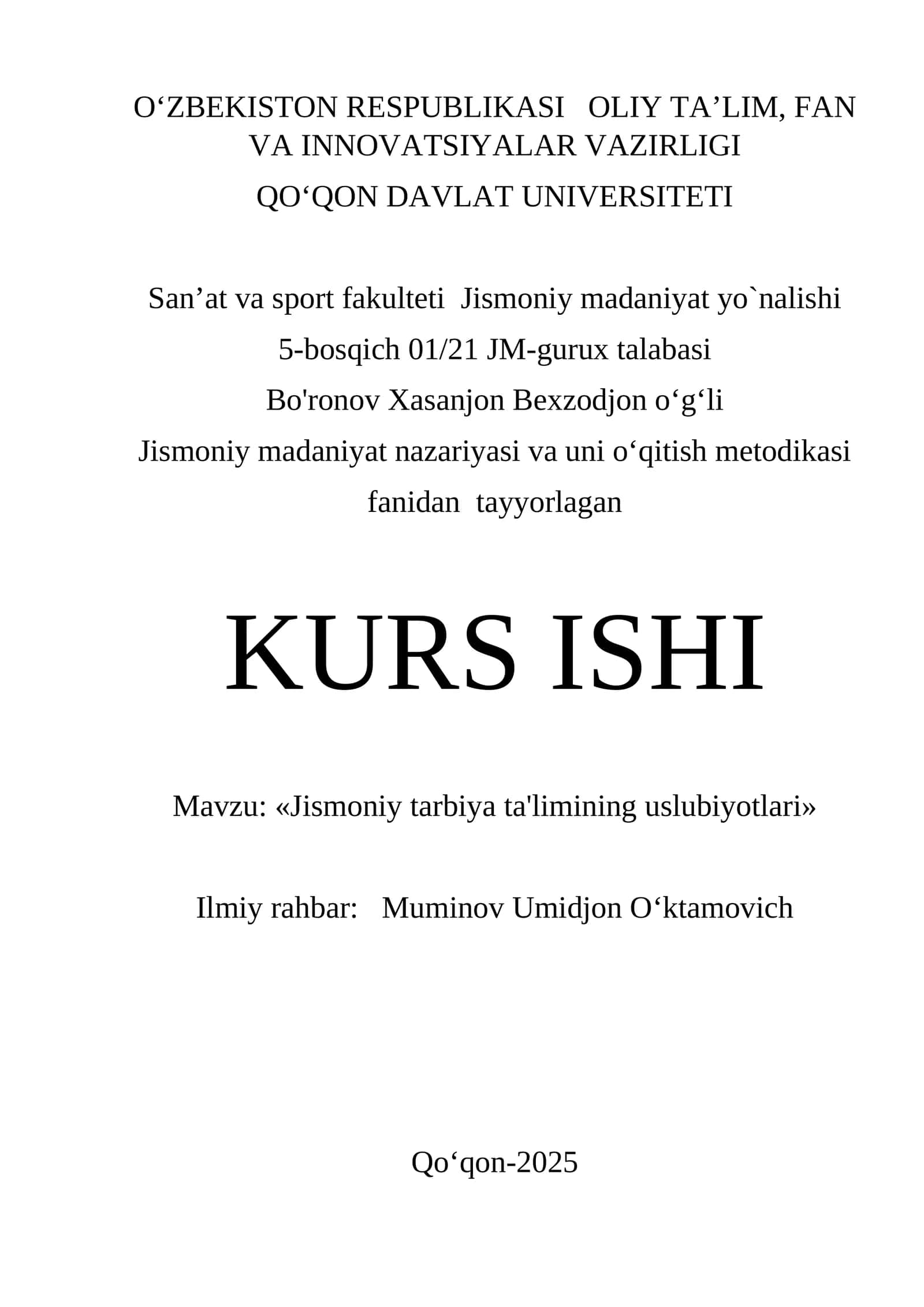 Jismoniy madaniyat nazariyasi va uni o‘qitish metodikasi 1
