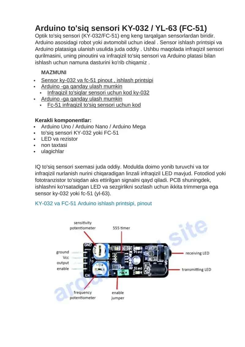 Arduino to'siq sensori KY-032 / YL-63 (FC-51) 1