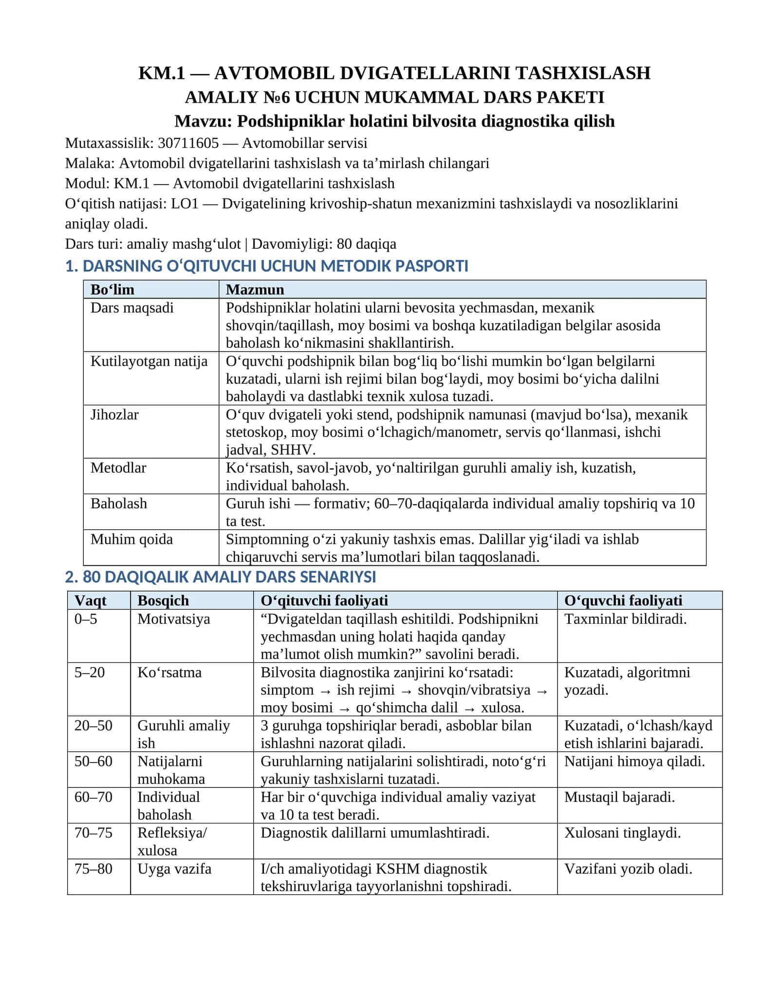 AVTOMOBIL DVIGATELLARINI TASHXISLASH AMALIY №6 UCHUN DARS PAKETI 1