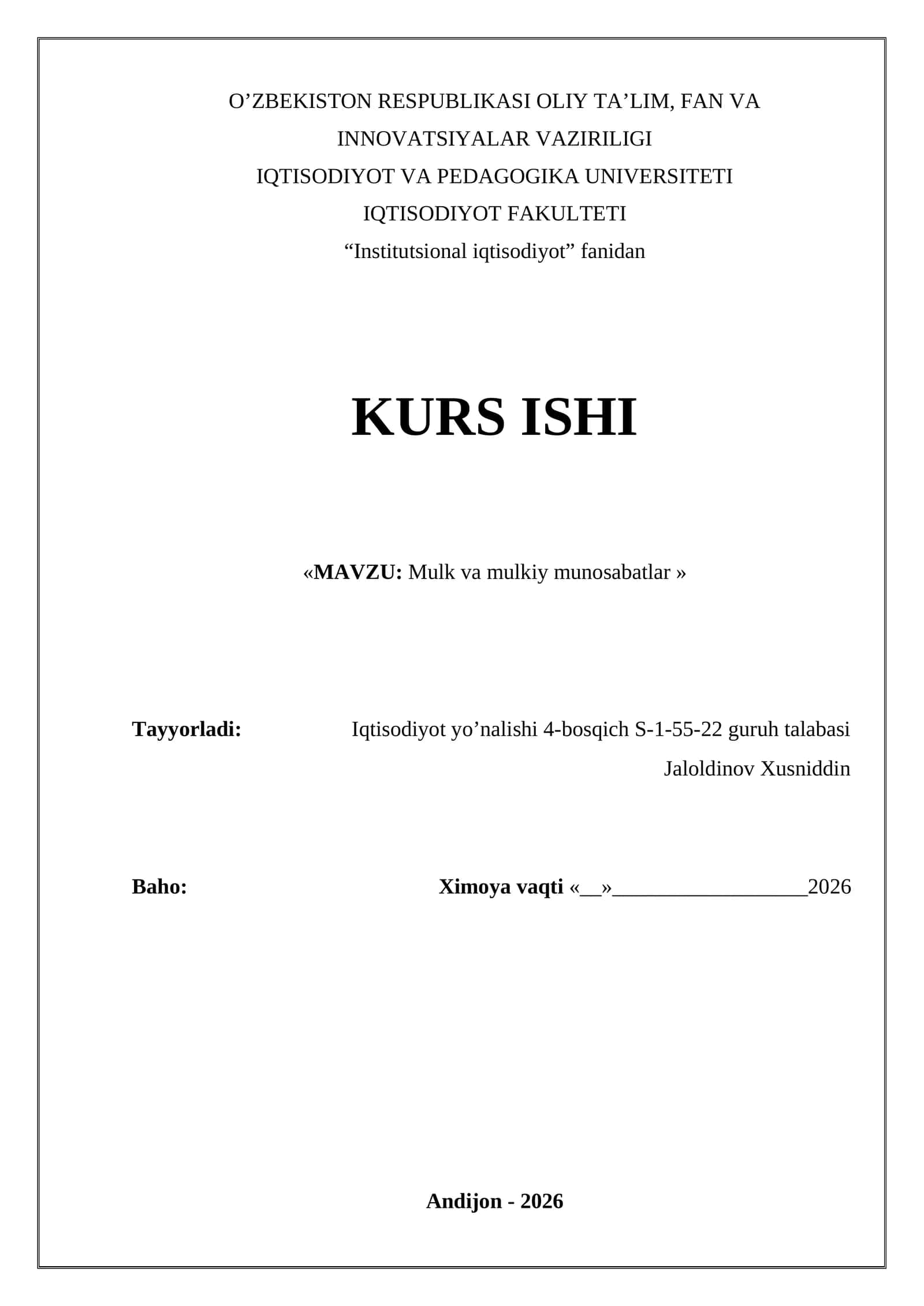 Mulk va mulkiy munosabatlar 1