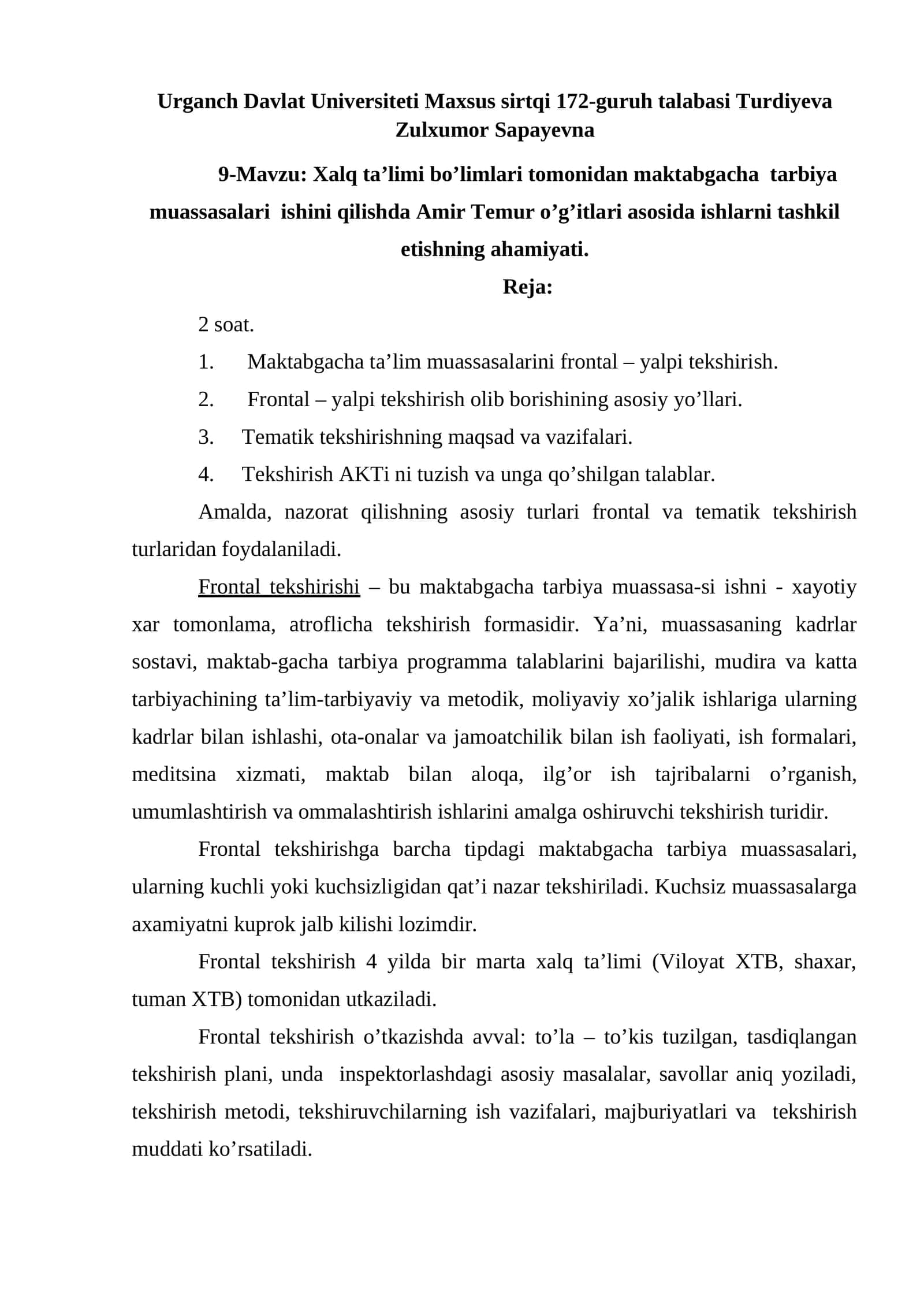 Xalq ta’limi bo’limlari tomonidan maktabgacha tarbiya muassasalari ishini qilishda Amir Temur o’g’itlari asosida ishlarni tashkil etishning ahamiyati 1