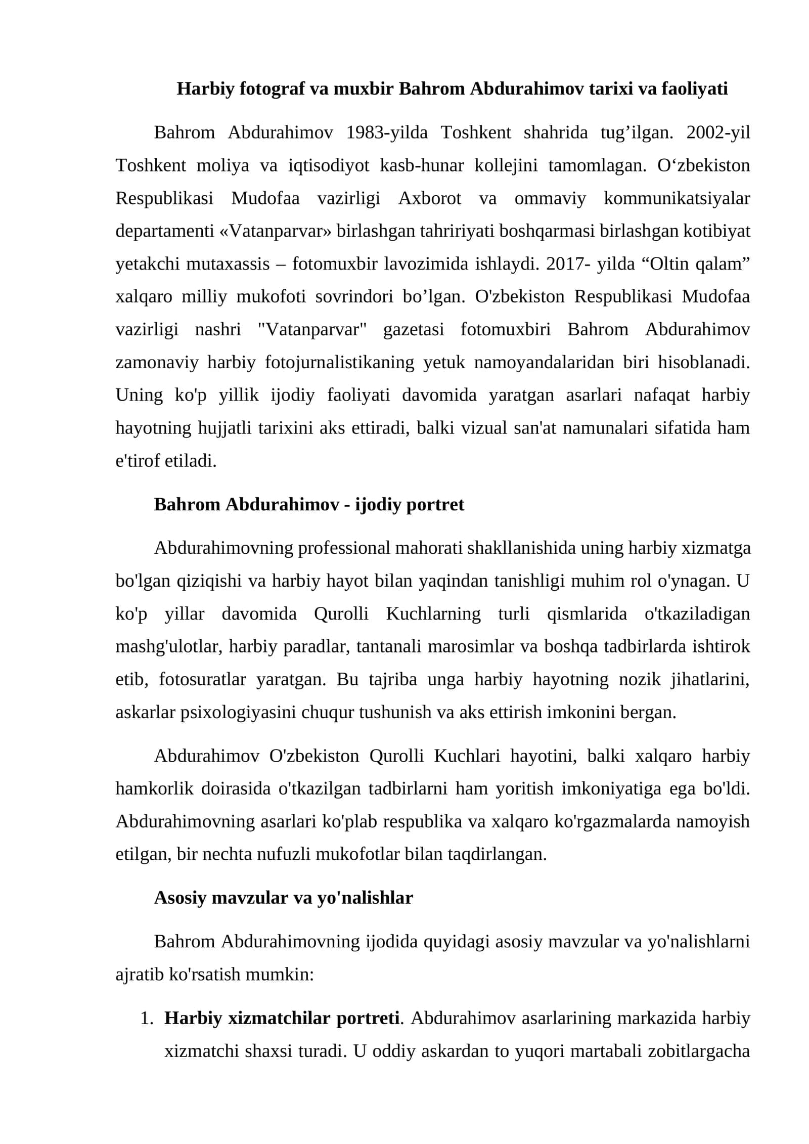 Harbiy fotograf va muxbir Bahrom Abdurahimov tarixi va faoliyati 1