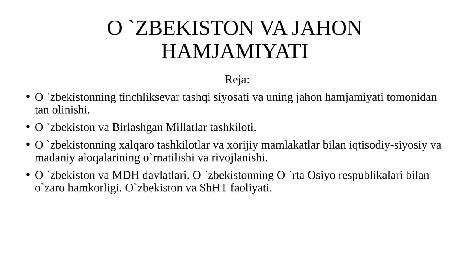 O `ZBEKISTON VA JAHON HAMJAMIYATI 1