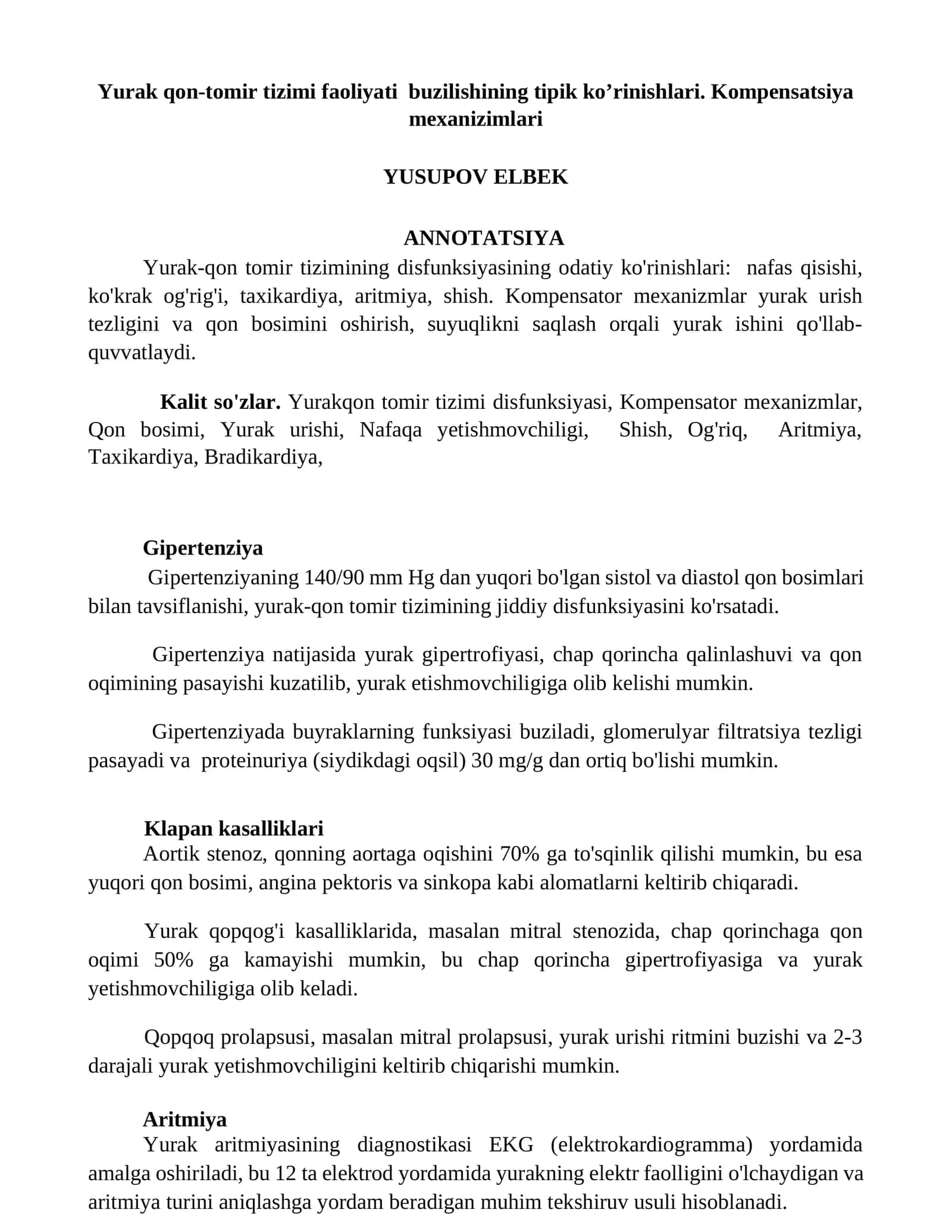 Yurak qon-tomir tizimi faoliyati buzilishining tipik ko’rinishlari. Kompensatsiya mexanizimlari 1