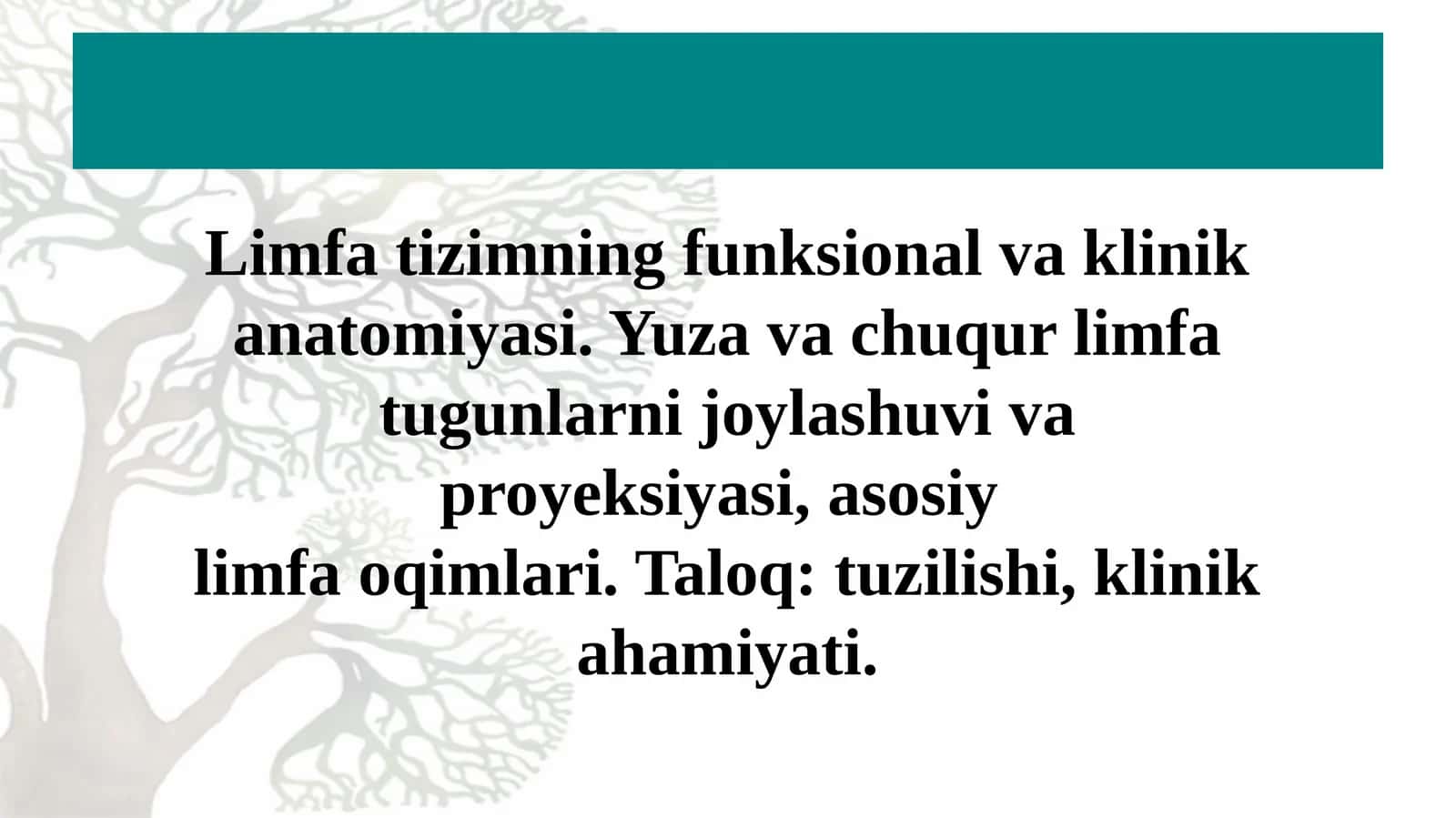 Limfa tizimning funksional va klinik anatomiyasi. Yuza va chuqur limfa tugunlarni joylashuvi va proyeksiyasi, asosiy  limfa oqimlari. Taloq: tuzilishi, klinik ahamiyati. 1