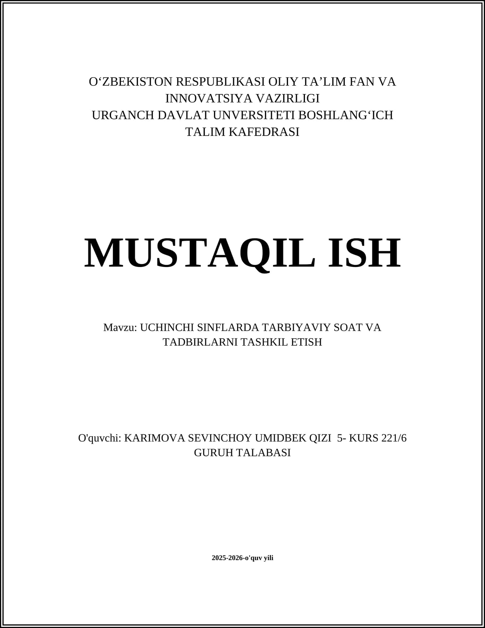 UCHINCHI SINFLARDA TARBIYAVIY SOAT VA TADBIRLARNI TASHKIL ETISH 1