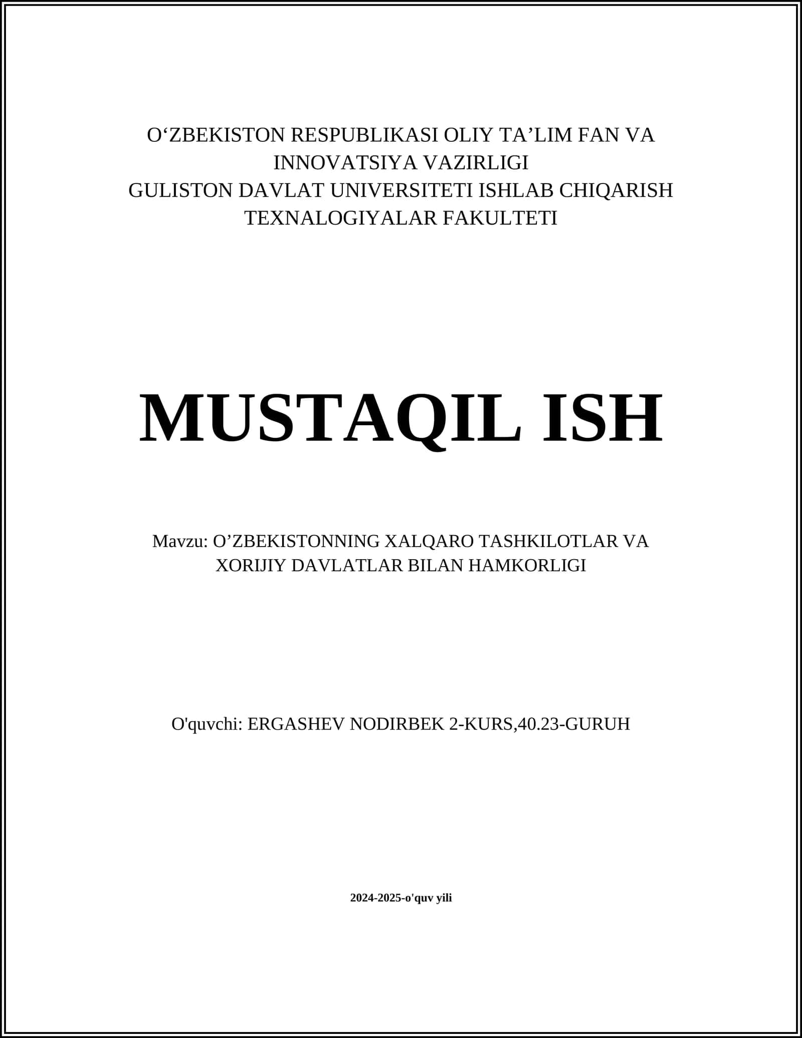 O'ZBEKISTONNING XALQARO TASHKILOTLAR VA XORIJIY DAVLATLAR BILAN HAMKORLIGI 1