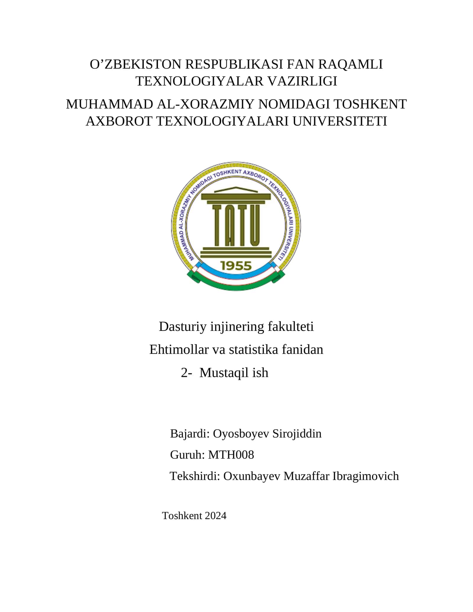 2-MUSTAQIL ISH. TOVAR, MAHSULOT VA XIZMATLARGA BO‘LGAN TALAB FUNKSIYASINI QURISH. ORALIQ BAHO. ISHONCHLILIK EHTIMOLI VA ISHONCHLILIK ORALIGʻI 1