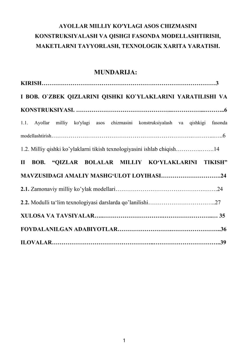 AYOLLAR MILLIY KO'YLAGI ASOS CHIZMASINI KONSTRUKSIYALASH VA QISHGI FASONDA MODELLASHTIRISH, MAKETLARNI TAYYORLASH, TEXNOLOGIK XARITA YARATISH 1