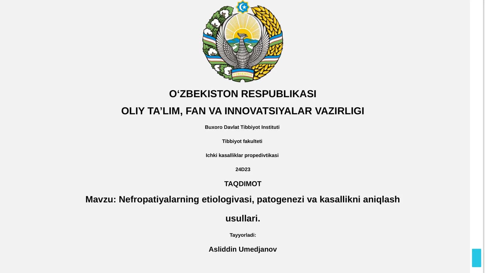Nefropatiyalarning etiologivasi, patogenezi va kasallikni aniqlash usullari 1