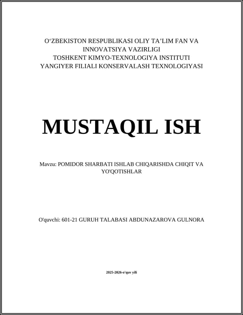 POMIDOR SHARBATI ISHLAB CHIQARISHDA CHIQIT VA YO'QOTISHLAR 1
