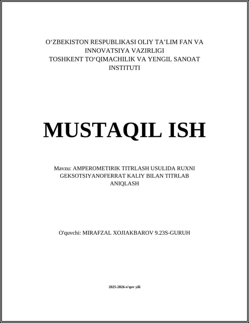 AMPEROMETIRIK TITRLASH USULIDA RUXNI GEKSOTSIYANOFERRAT KALIY BILAN TITRLAB ANIQLASH 1