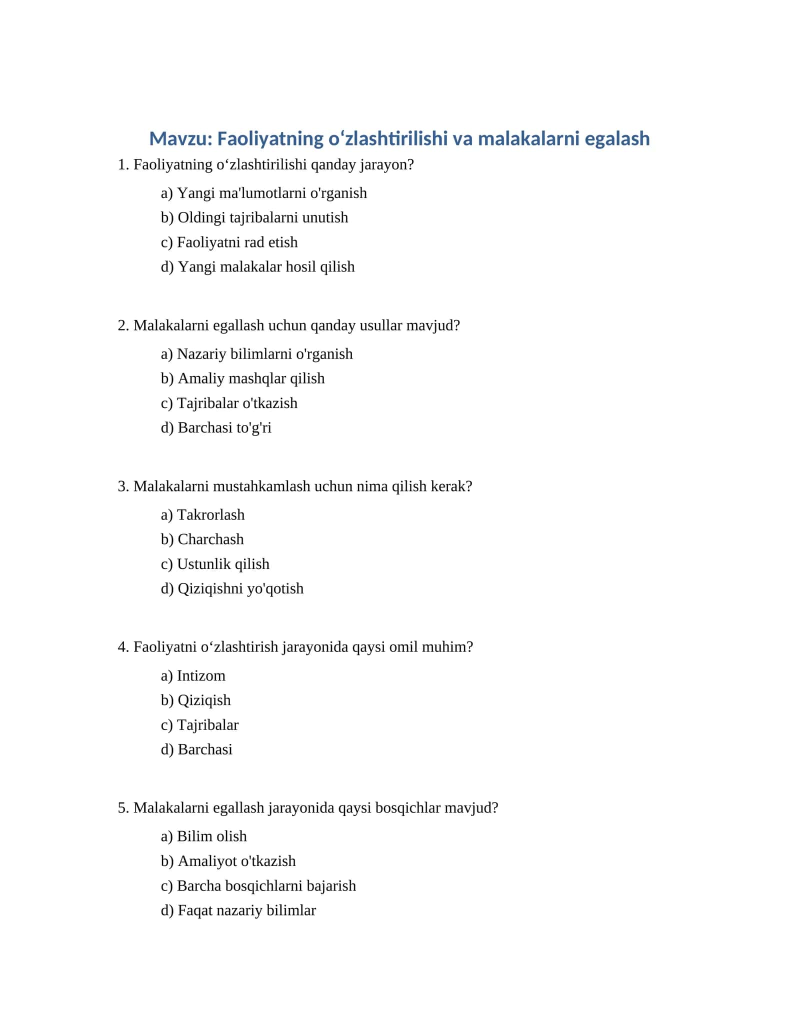 Faoliyatning oʻzlashtirilishi va malakalarni egalash 1