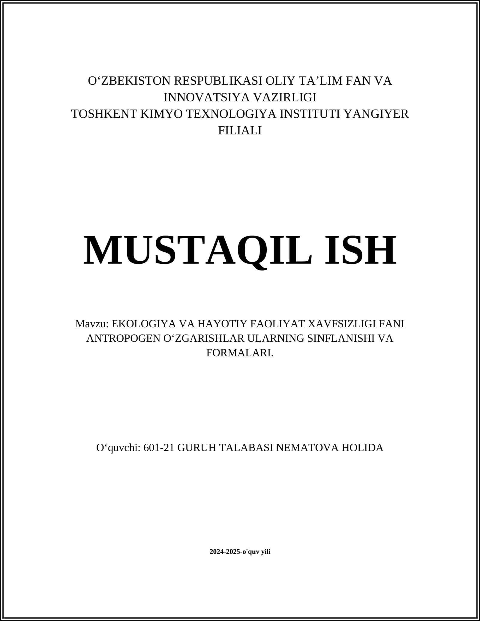EKOLOGIYA VA HAYOTIY FAOLIYAT XAVFSIZLIGI FANI 1