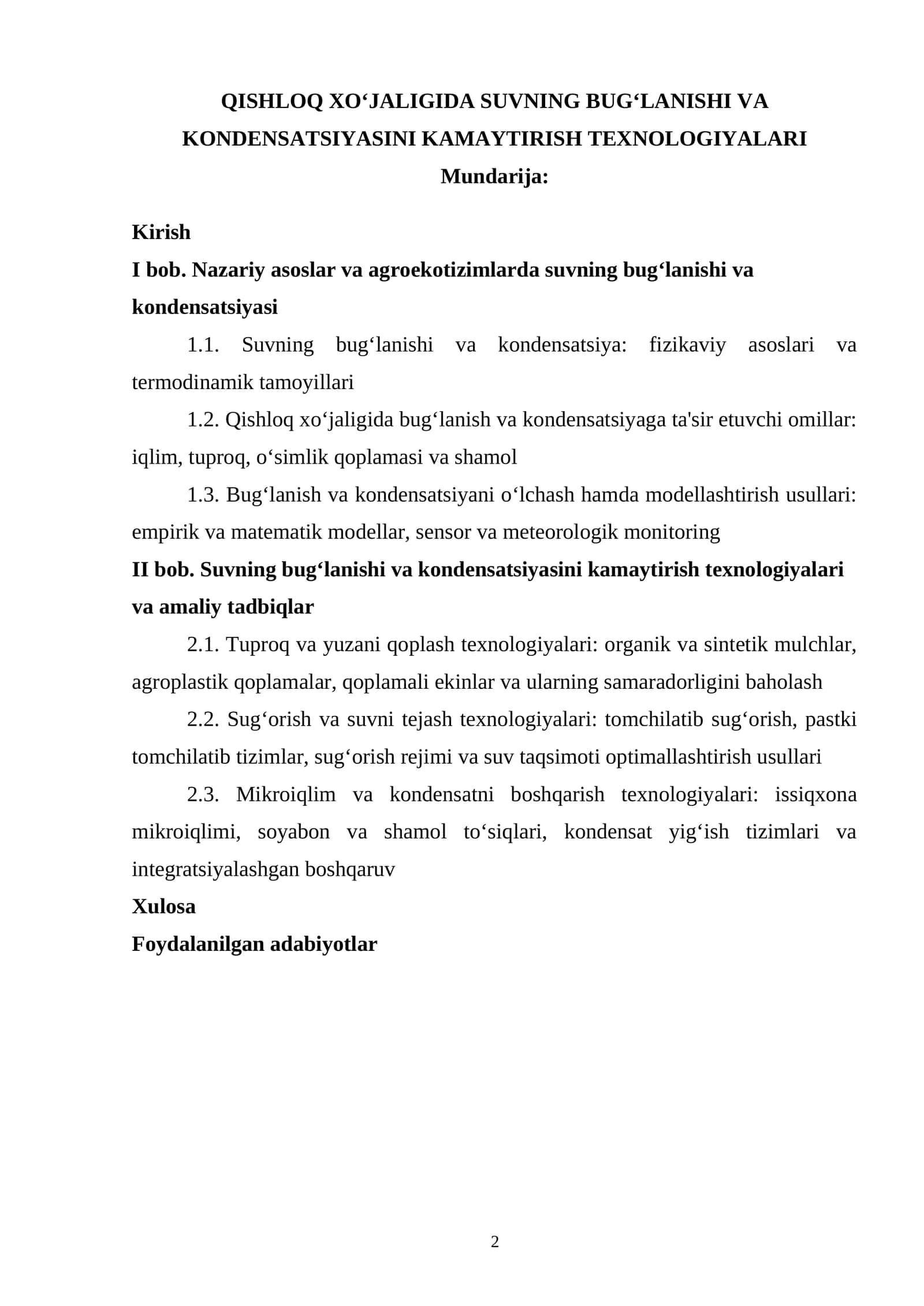 QISHLOQ XO‘JALIGIDA SUVNING BUG‘LANISHI VA KONDENSATSIYASINI KAMAYTIRISH TEXNOLOGIYALARI 1
