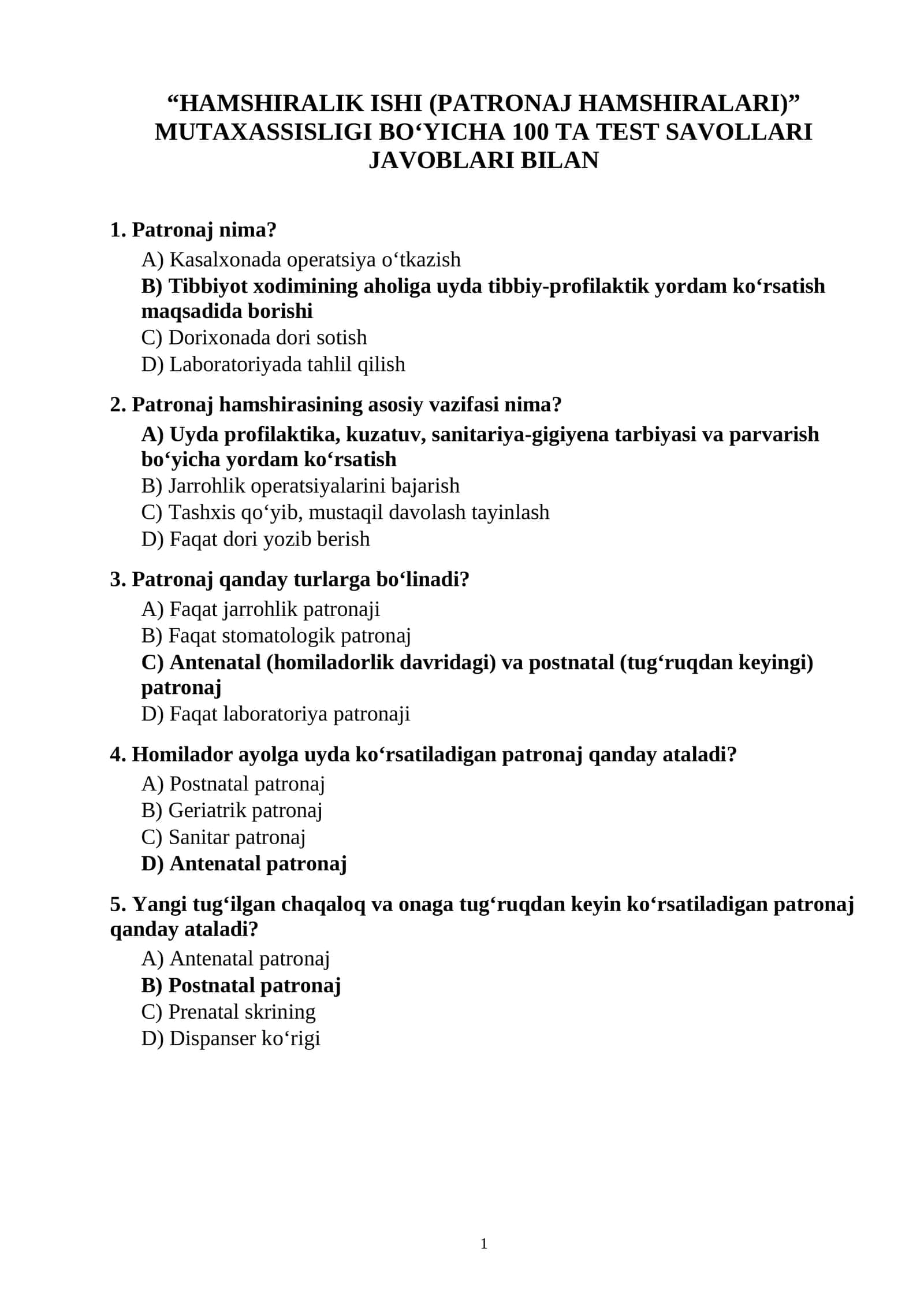 HAMSHIRALIK ISHI (PATRONAJ HAMSHIRALARI) MUTAXASSISLIGI BO‘YICHA 100 TA TEST SAVOLLARI JAVOBLARI BILAN 1
