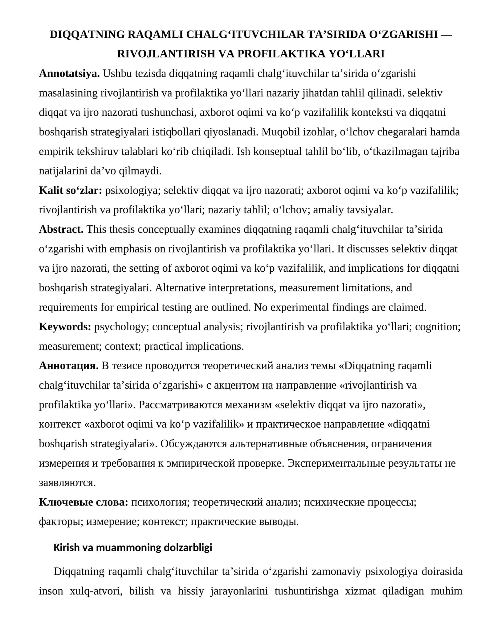 Diqqatning Raqamli Chalg‘ituvchilar Ta’sirida O‘zgarishi — Rivojlantirish va Profilaktika Yo‘llari 1