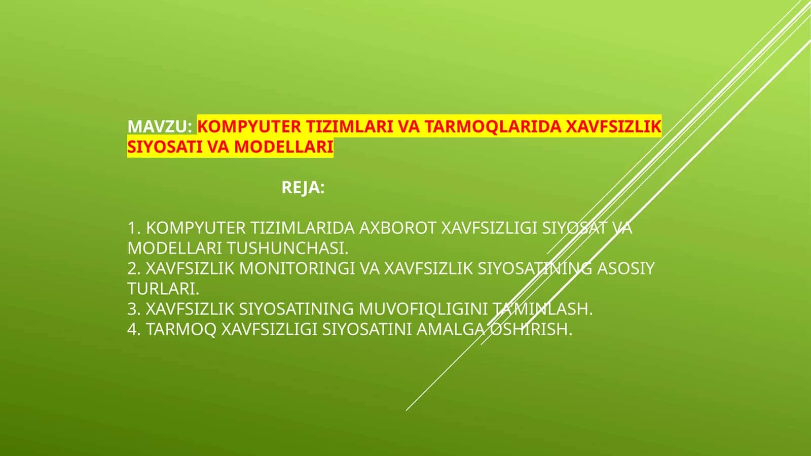 Kompyuter tizimlari va tarmoqlarida xavfsizlik siyosati va modellari 1