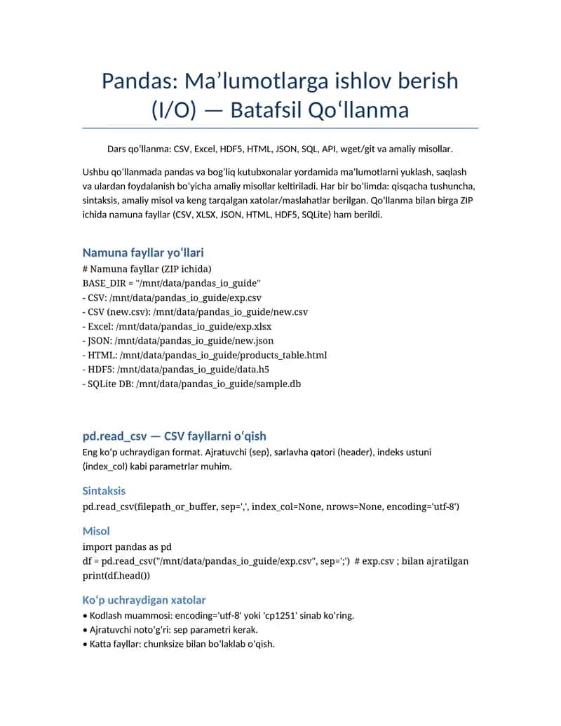 Pandas: Maʼlumotlarga ishlov berish (I/O) — Batafsil Qo‘llanma 1