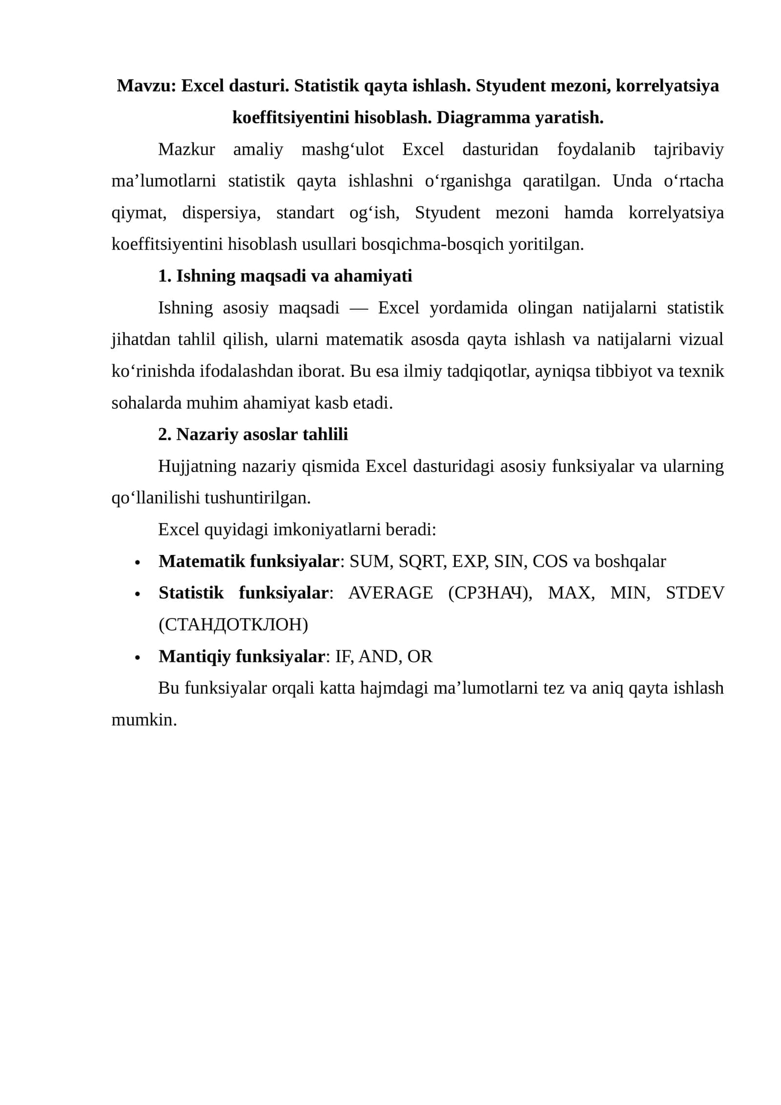 Excel dasturi. Statistik qayta ishlash. Styudent mezoni, korrelyatsiya koeffitsiyentini hisoblash. Diagramma yaratish 1