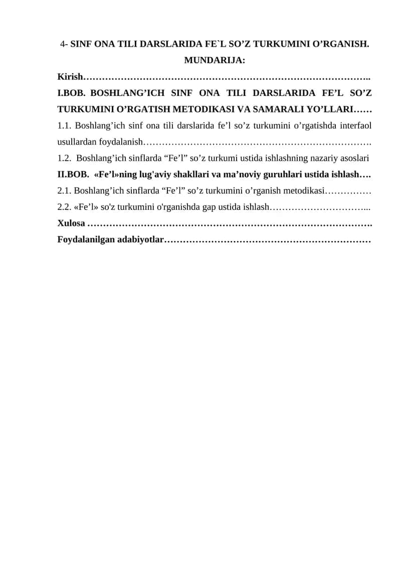 4-SINF ONA TILI DARSLARIDA FE`L SO’Z TURKUMINI O’RGANISH 1