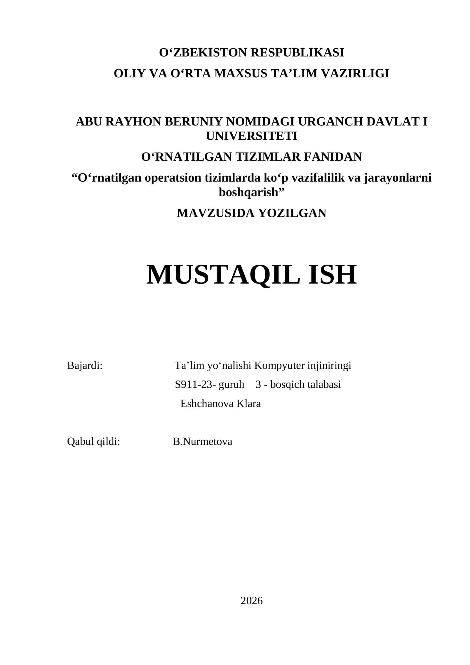 Oʻrnatilgan operatsion tizimlarda koʻp vazifalilik va jarayonlarni boshqarish 1