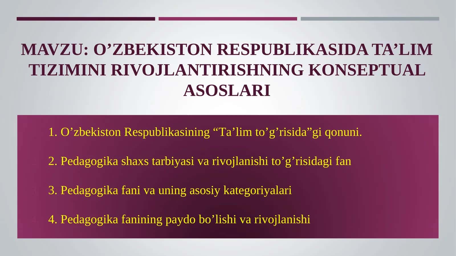 O’ZBEKISTON RESPUBLIKASIDA TA’LIM TIZIMINI RIVOJLANTIRISHNING KONSEPTUAL ASOSLARI 1
