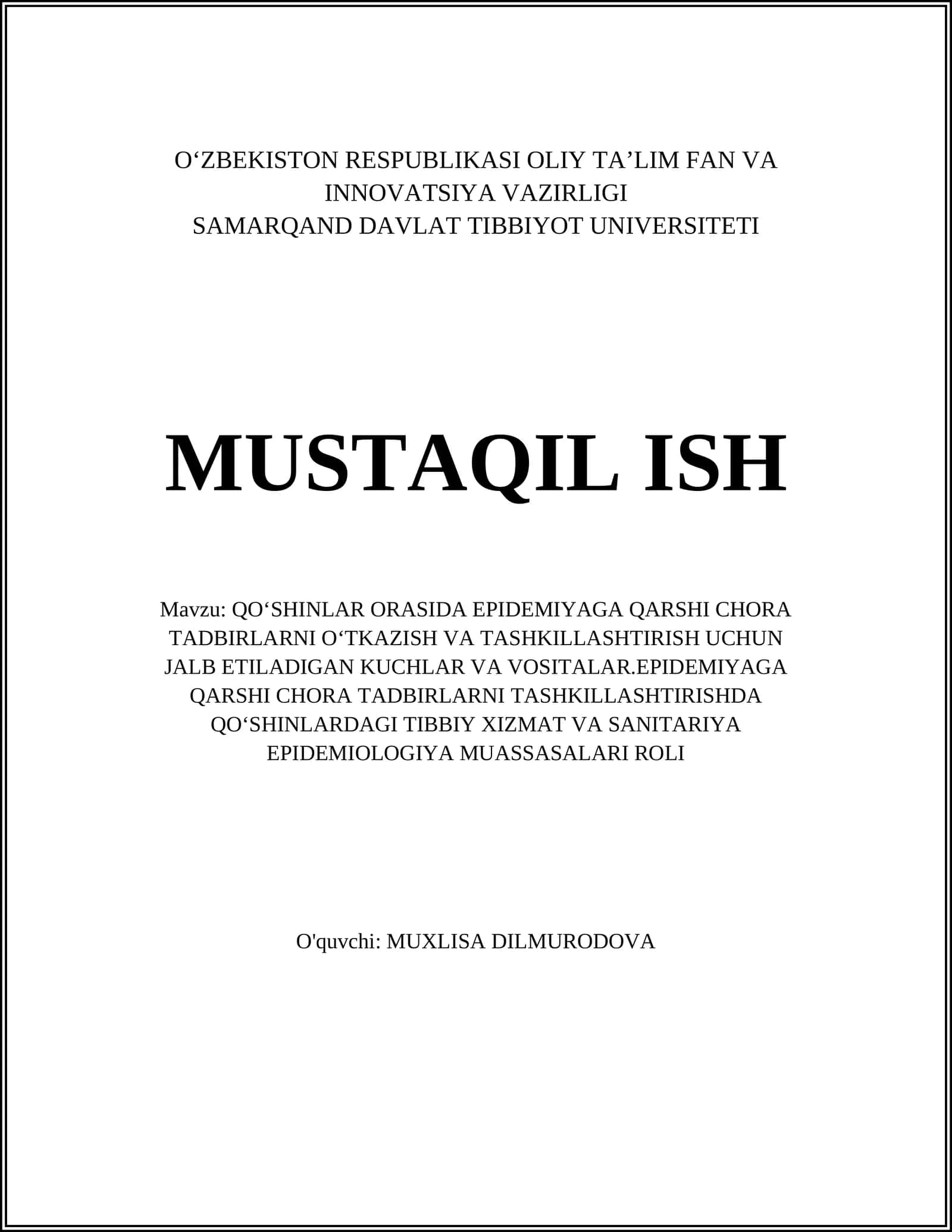 QOʻSHINLAR ORASIDA EPIDEMIYAGA QARSHI CHORA TADBIRLARNI OʻTKAZISH VA TASHKILLASHTIRISH UCHUN JALB ETILADIGAN KUCHLAR VA VOSITALAR 1