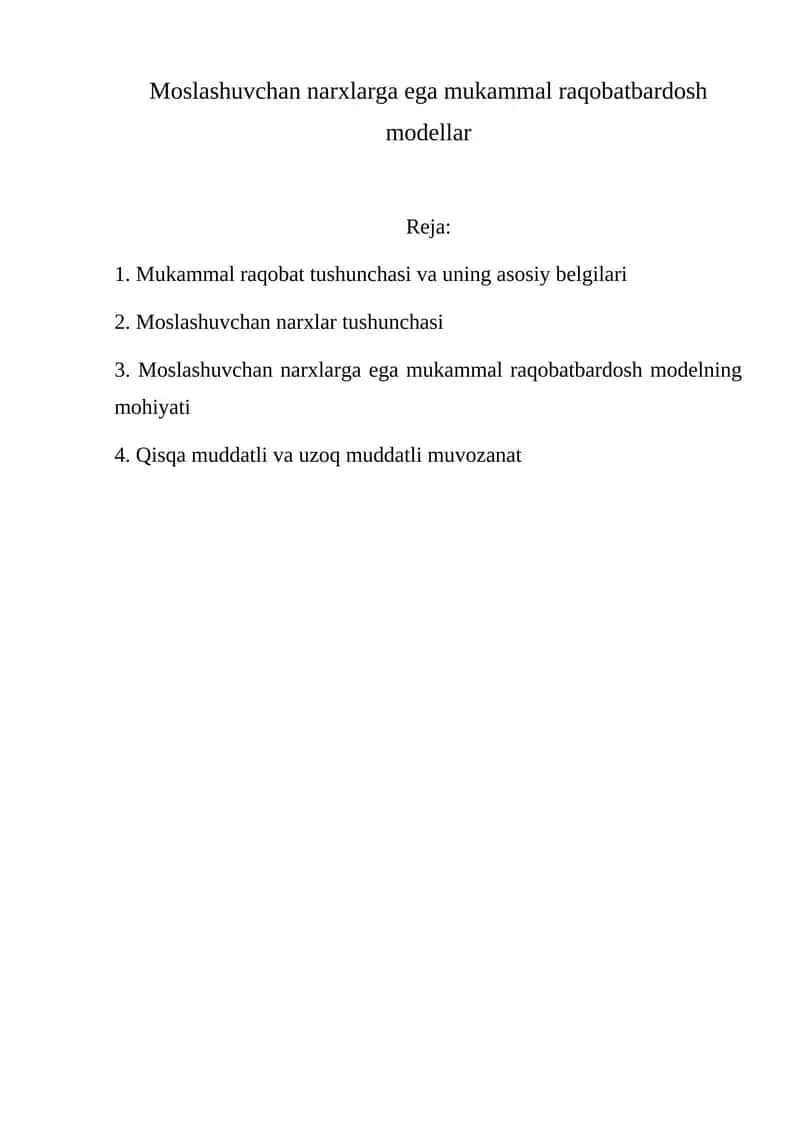 Moslashuvchan narxlarga ega mukammal raqobatbardosh modellar 1
