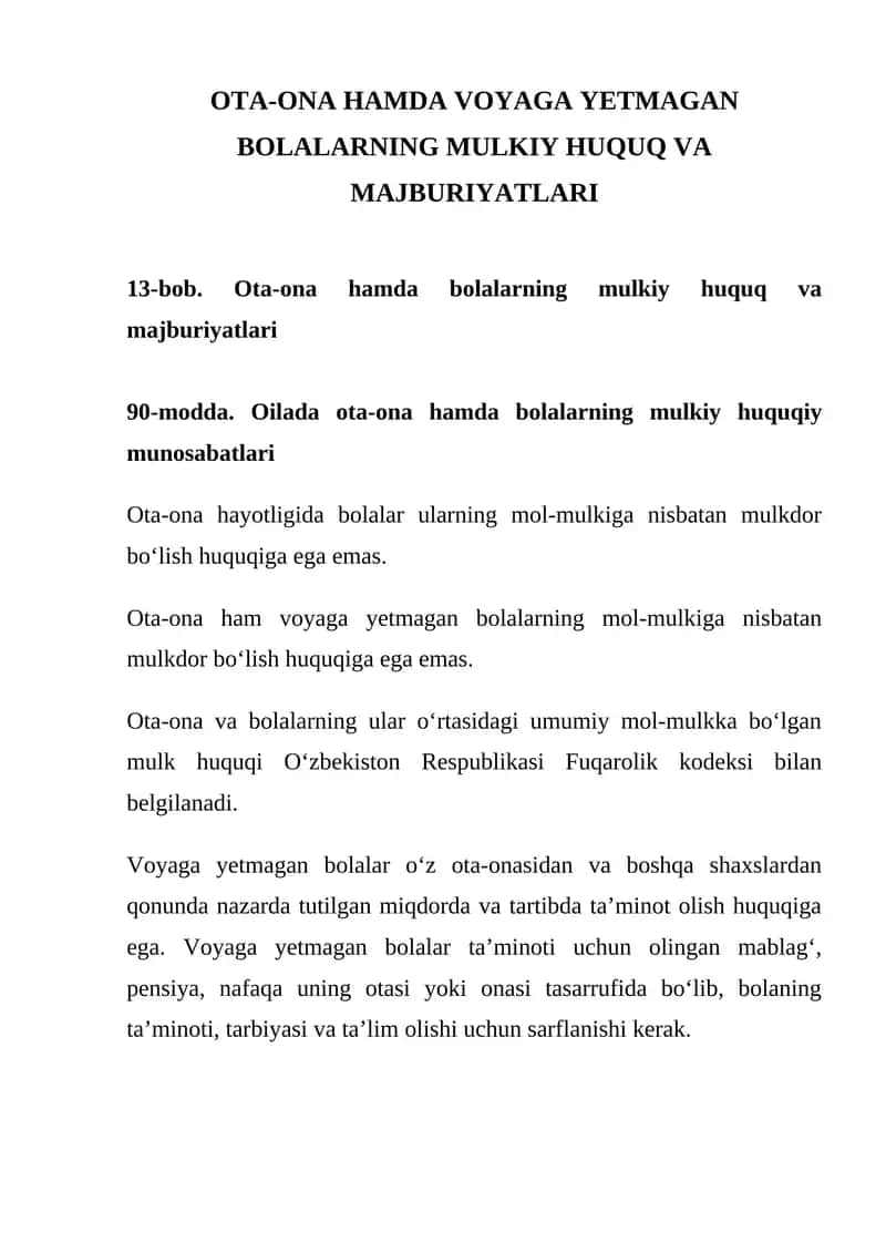 Ota-ona hamda voyaga yetmagan bolalarning mulkiy huquq va majburiyatlari 1