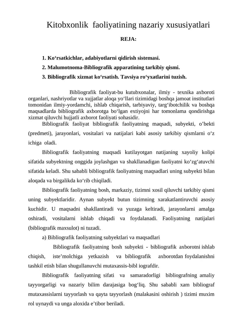 Kitobxonlik faoliyatining nazariy xususiyatlari 1